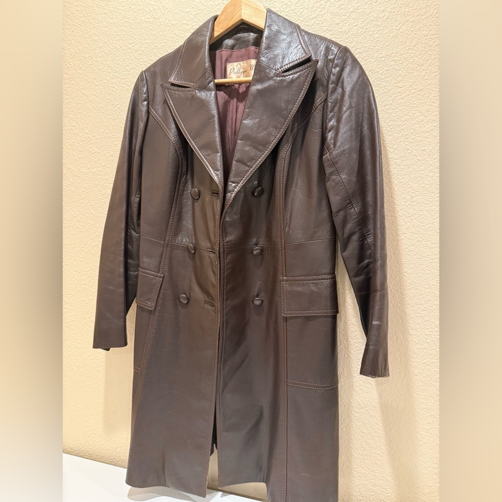 Philippe Monet Vintage 70s Leather Trench Coat Jacket S